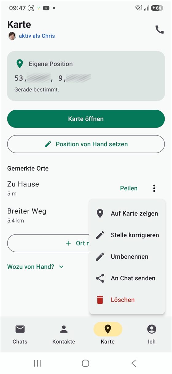 Karte — eigene Position und gemerkte Orte