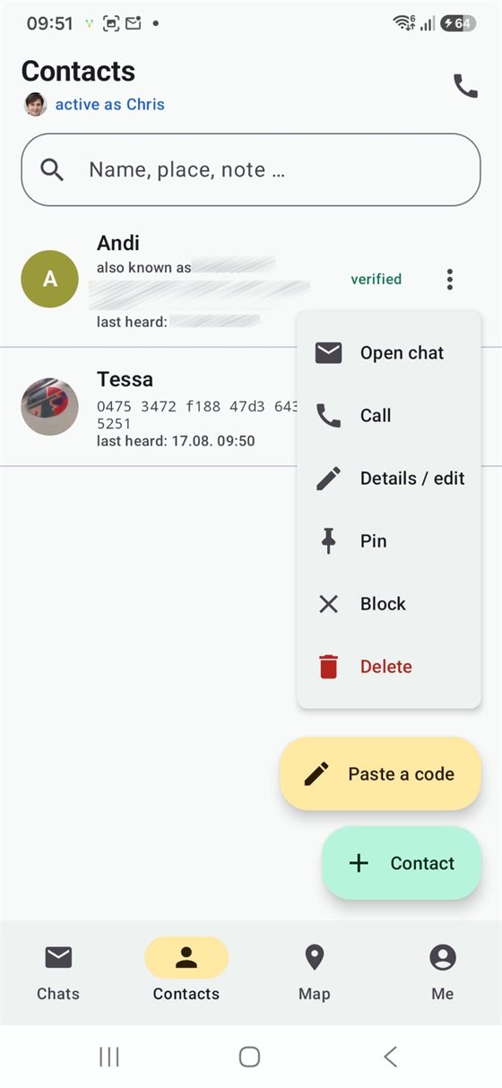 Contacts — open a chat, call, verify