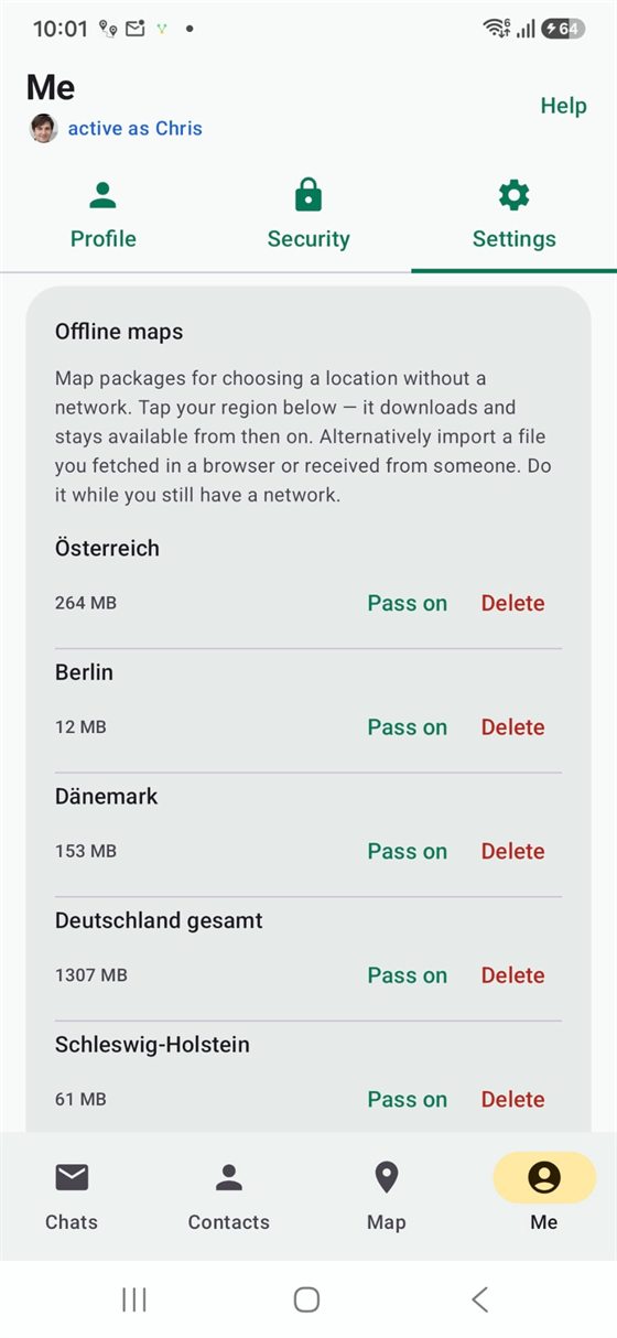 Settings — offline maps, downloaded and passed on device to device